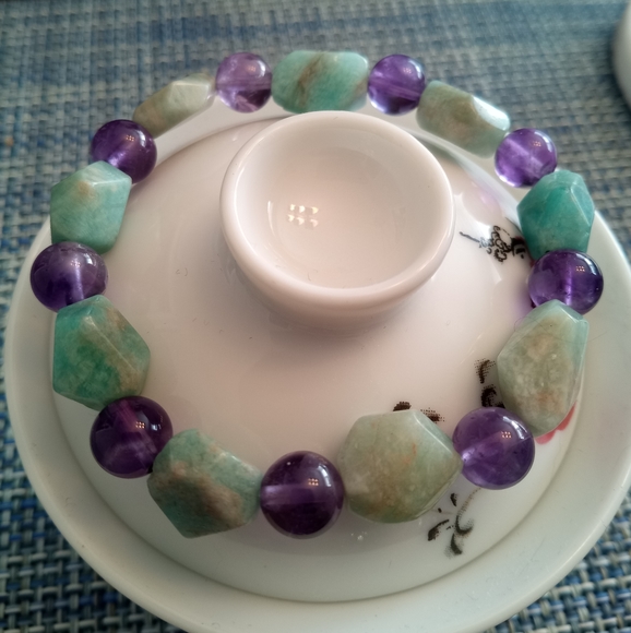 Natural Amethyst and Amazonite Beaded Bracelet - Picture 2 of 5